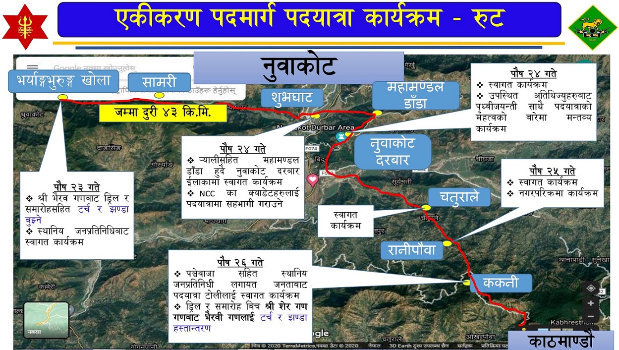 सेनाको एकीकरणमार्ग पदयात्रा टोली प्रथम एकीकरणभूमिमा